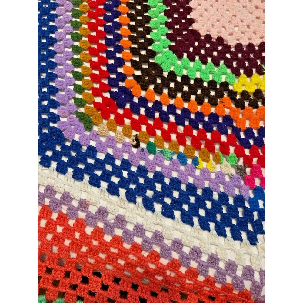 VTG Handmade Crochet Granny Square Afghan blanket  Multi Color approx  70
